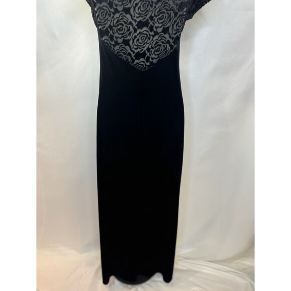 🖤 90’s Vintage Black Velvet Maxi Dress | Rose Devore Mesh | Goth-Glam Small 🖤 - Picture 11 of 13